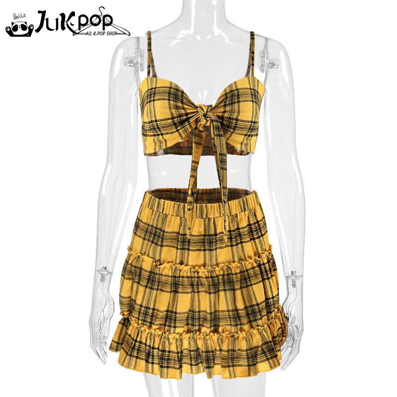 Dulzura plaid bow tie crop tank top  adjustable strap camis high waist ruched A-line mini skirt 2 pieces set