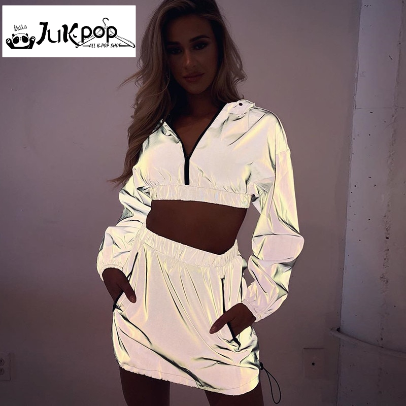Dulzura flash reflective zipper long sleeve hoodies pullover hooded crop top high waist mini skirt women 2 piece set 2018