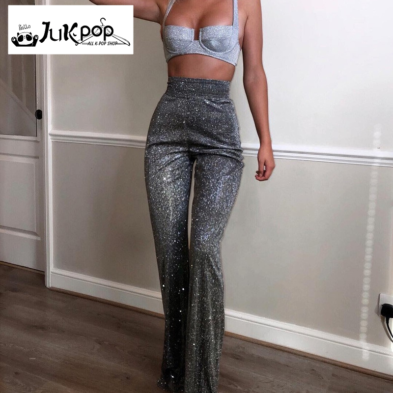 FREE SHIPPING high waist glitter sparkle bling women wide-leg pants JKP1397