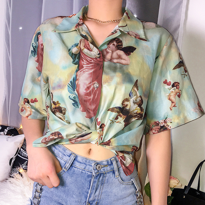 FREE SHIPPING New Women's Retro Wind Angel Print Loose Thin Shirt Women Streetwear Roupas Femininas Bluse Women Summer Tops for Women 2019 JKP1888