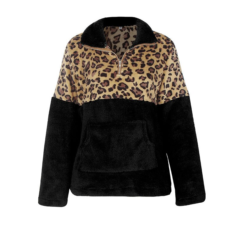 FREE SHIPPING Leopard Patchwork Faux Fur Hoodies Women Pockets Warm ...