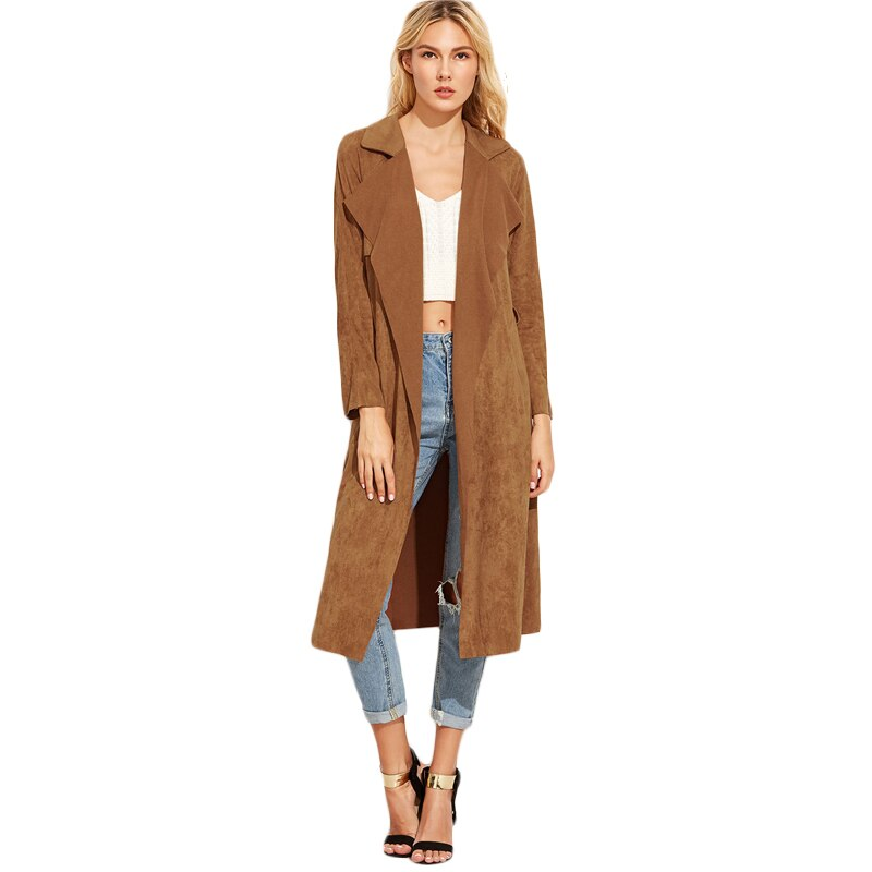 FREE SHIPPING Brown Suede Self Tie Duster Trench Coat Long Sleeve Wrap ...