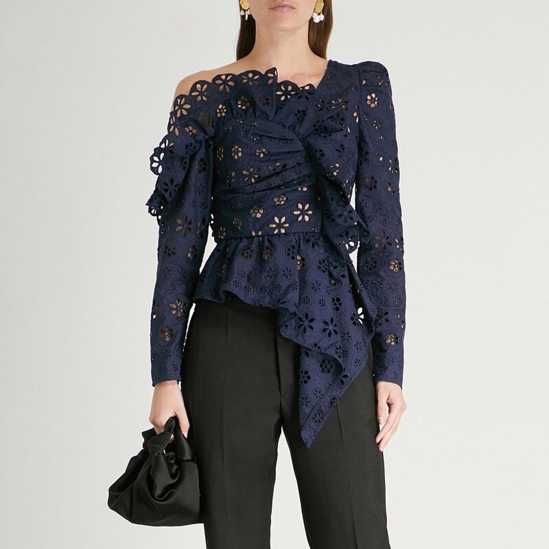 TWOTWINSTYLE Lace Shirts Blouse Female Long Sleeve Off Shoulder Hollow Out Asymmetrical Tops Female Autumn 2019 Sexy Fashion