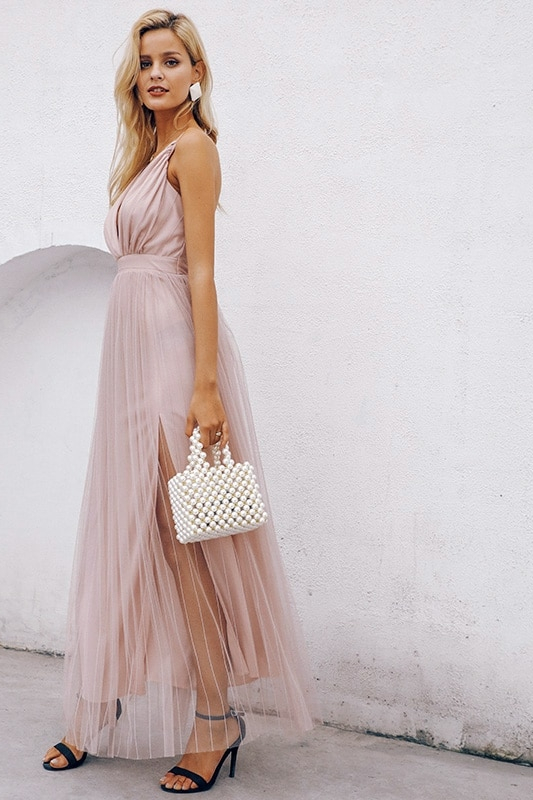 Simplee Mesh pink lace women dress Elegant v neck evening maxi christmas dress Autumn winter sexy long party dress vestido festa