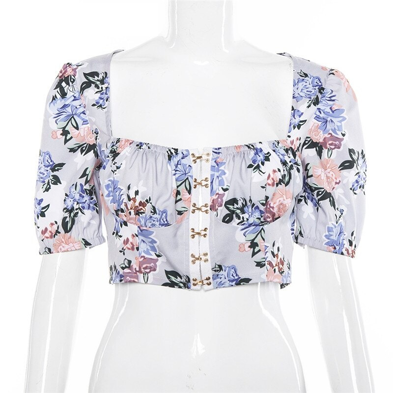 Glamaker Puff sleeve floral print top sexy camis tanks Women summer cropped clothes crop top Female square collar streetwear top