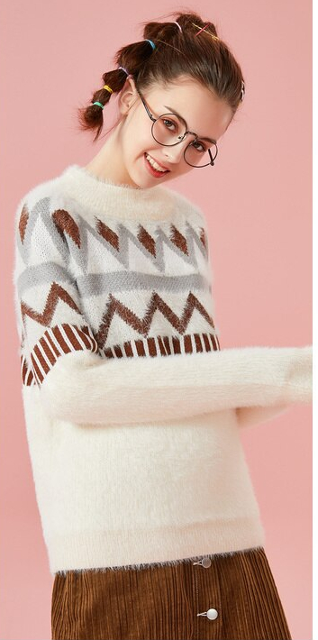 SEMIR Women Fair Isle Fluffy Jacquard-knit Sweater Pullover Sweater Ribbing at Crewneck Cuff and Hem in Cozy Style for Winter