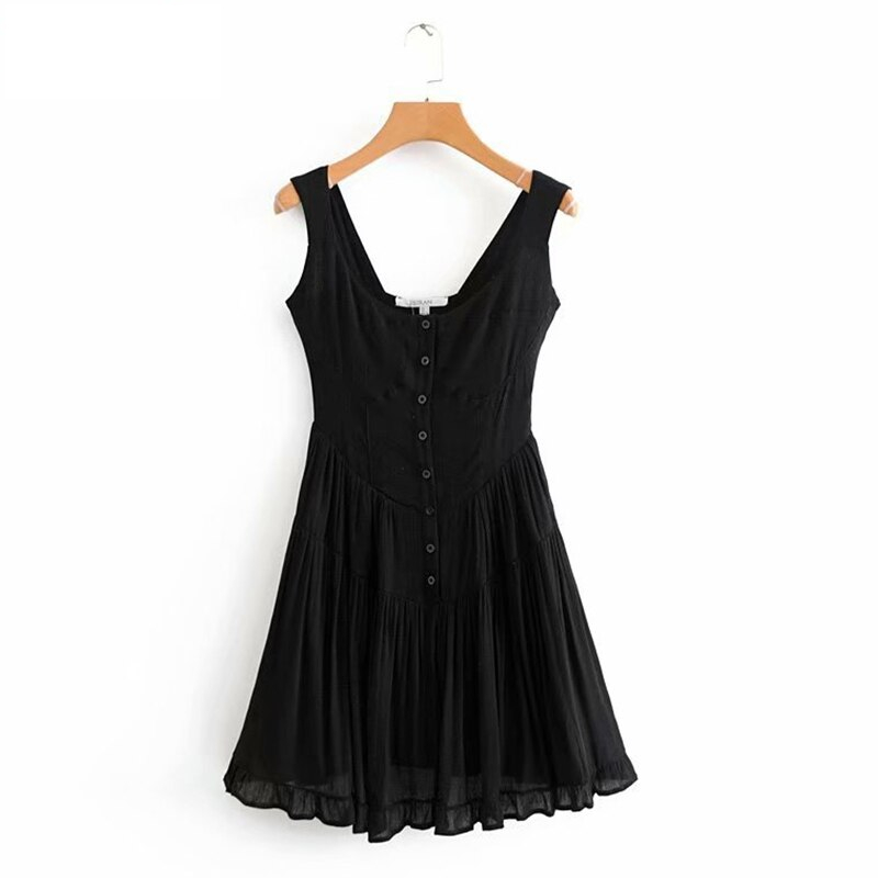 FREE SHIPPING Vintage Pleated Short Dress Women Summer Casual Black ...
