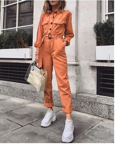BeAvant Casual cargo cotton ladies overalls Orange sash pocket sport womens jumpsuit romper Chic autumn winter female jumpsuits