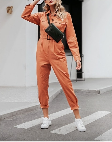 BeAvant Casual cargo cotton ladies overalls Orange sash pocket sport womens jumpsuit romper Chic autumn winter female jumpsuits