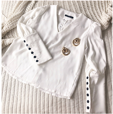 Simplee V neck women blouse shirt Puff sleeve button white blouse Autumn winter lady shirt top Female office chiffon blouse tops