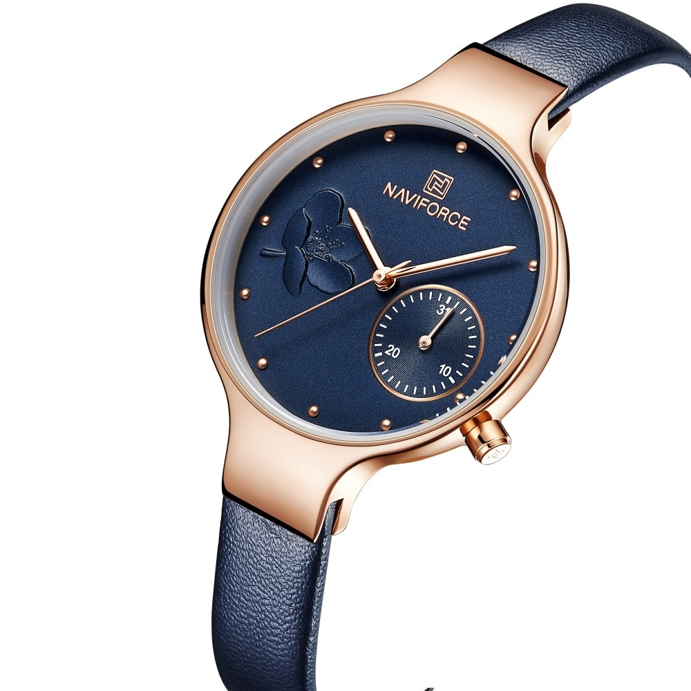 NAVIFORCE Women Fashion Blue Quartz Watch Lady Leather Watchband High Quality Casual Waterproof Wristwatch Gift for Wife 2019