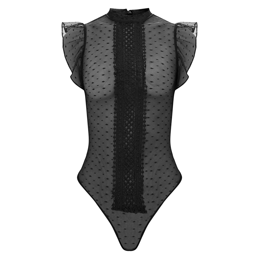 Gagaopt 2018 Summer Overalls Lace Bodysuit Women Ruffle Sleeve Black Sexy Bodysuit Polka Dot Mesh Bodysuit Club Jumpsuit Blusas