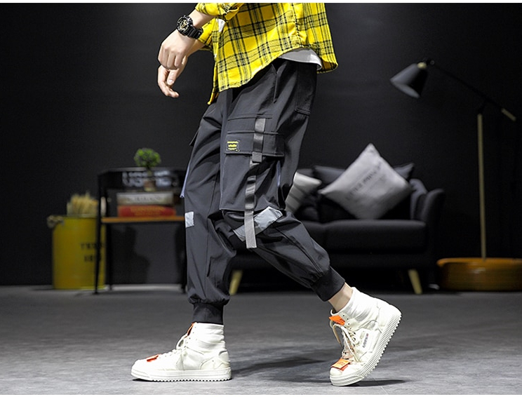 FREE SHIPPING Streetwear Hip Hop Cargo Pants Summer Mens Baggy Pockets Ribbon Joggers Pants Men Japanes Style Black Harem Pants JKP2447