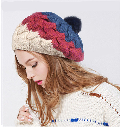 Xthree  women's hat knitted winter hat beret hat fashion beanie cap with rabbit fur pom pom