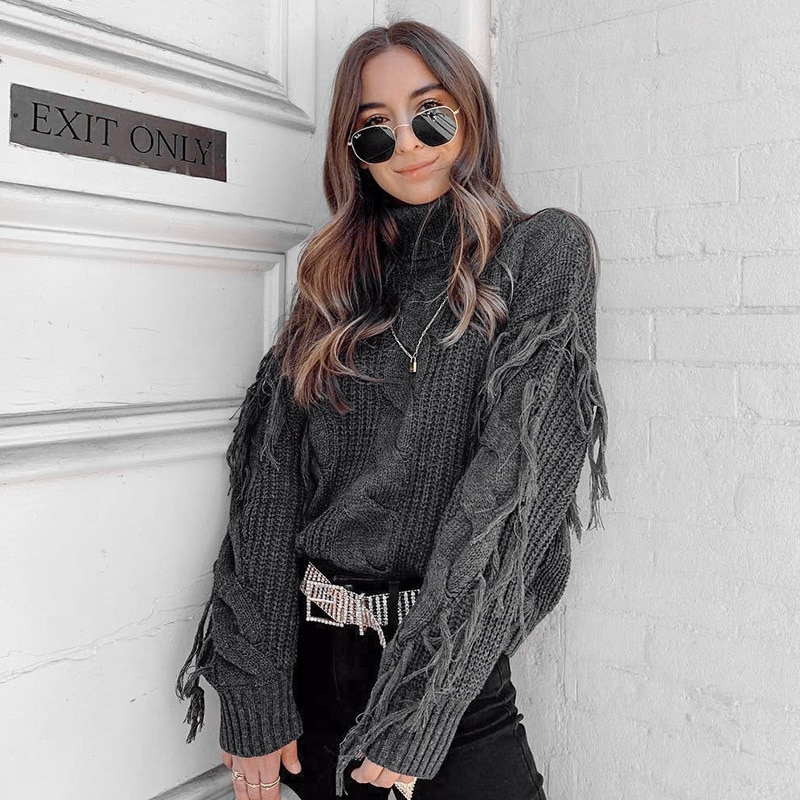 FREE SHIPPING Solid Deep Gray Casual Women Sweaters 2019 Winter Turtleneck Knitwear Sweater Oversized Tassel Knitted Pullovers Jumpers JKP2562