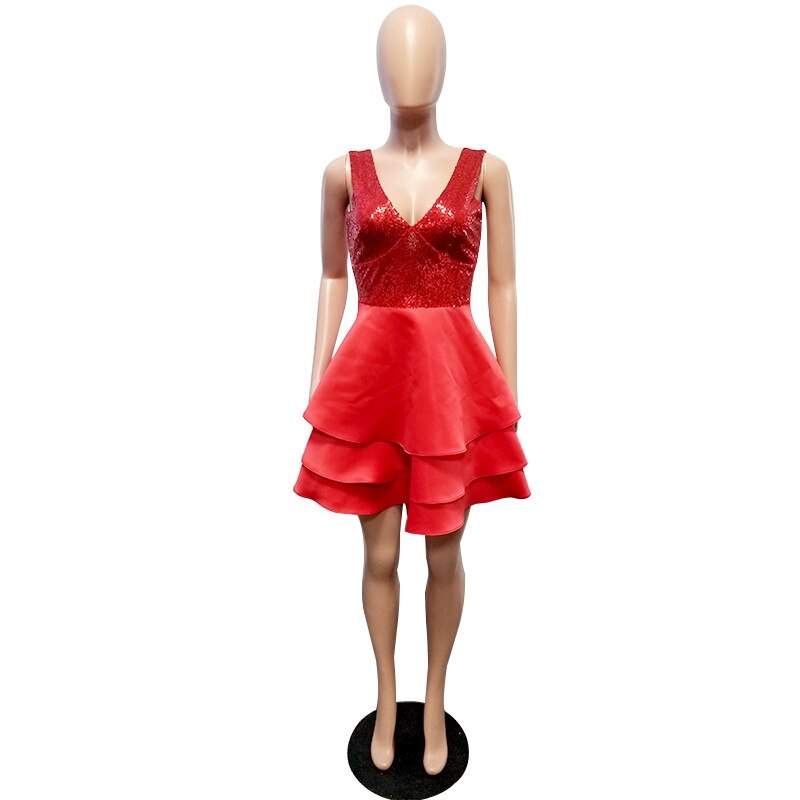 Lemon Gina 2019 women sequins splicing v-neck sleeveless big swing cascading ruffles party high low dress vestidos S-2XL 2112