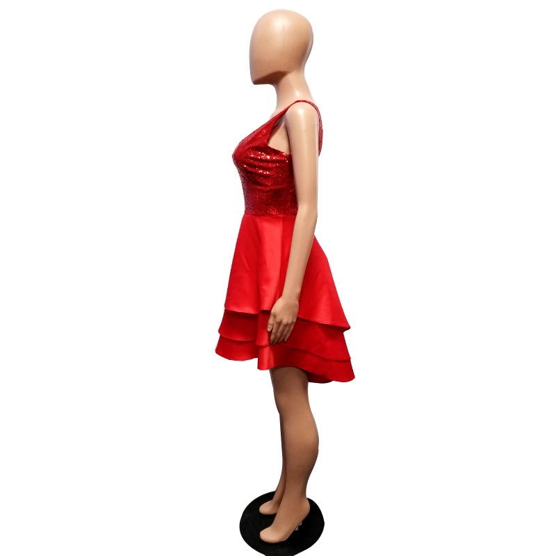 Lemon Gina 2019 women sequins splicing v-neck sleeveless big swing cascading ruffles party high low dress vestidos S-2XL 2112