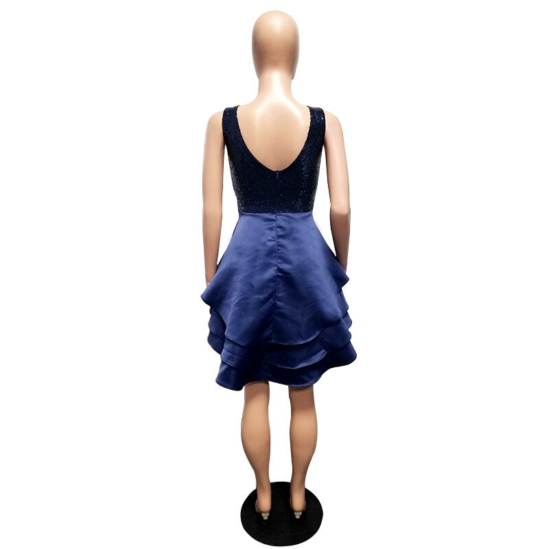 Lemon Gina 2019 women sequins splicing v-neck sleeveless big swing cascading ruffles party high low dress vestidos S-2XL 2112