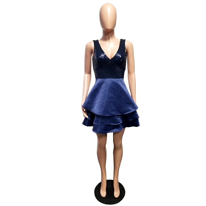 Lemon Gina 2019 women sequins splicing v-neck sleeveless big swing cascading ruffles party high low dress vestidos S-2XL 2112