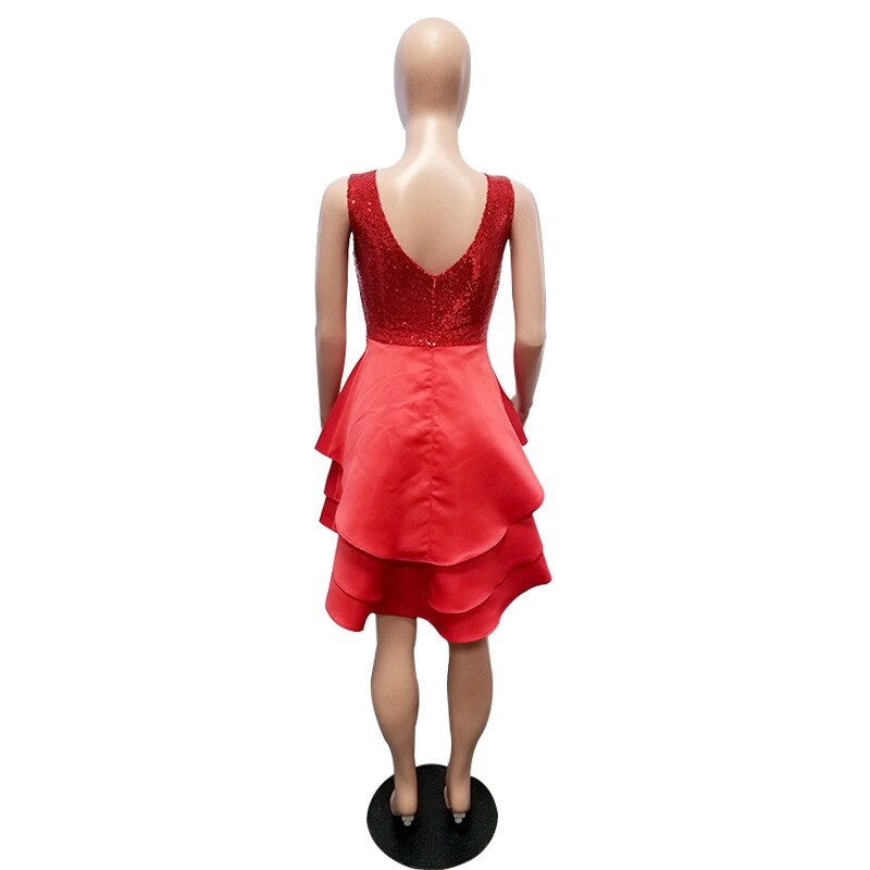 Lemon Gina 2019 women sequins splicing v-neck sleeveless big swing cascading ruffles party high low dress vestidos S-2XL 2112