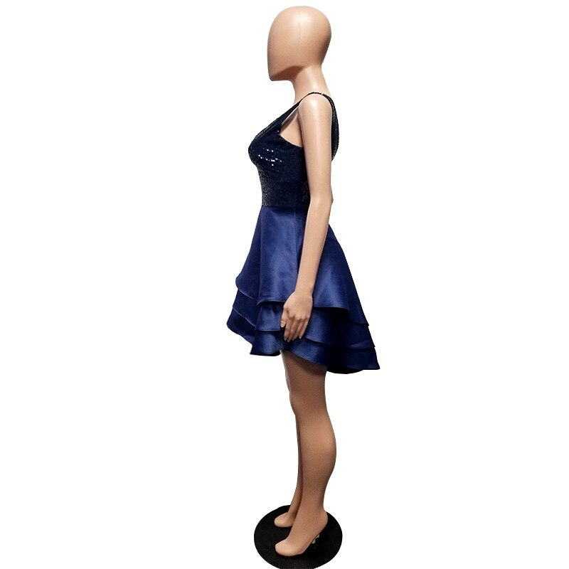Lemon Gina 2019 women sequins splicing v-neck sleeveless big swing cascading ruffles party high low dress vestidos S-2XL 2112