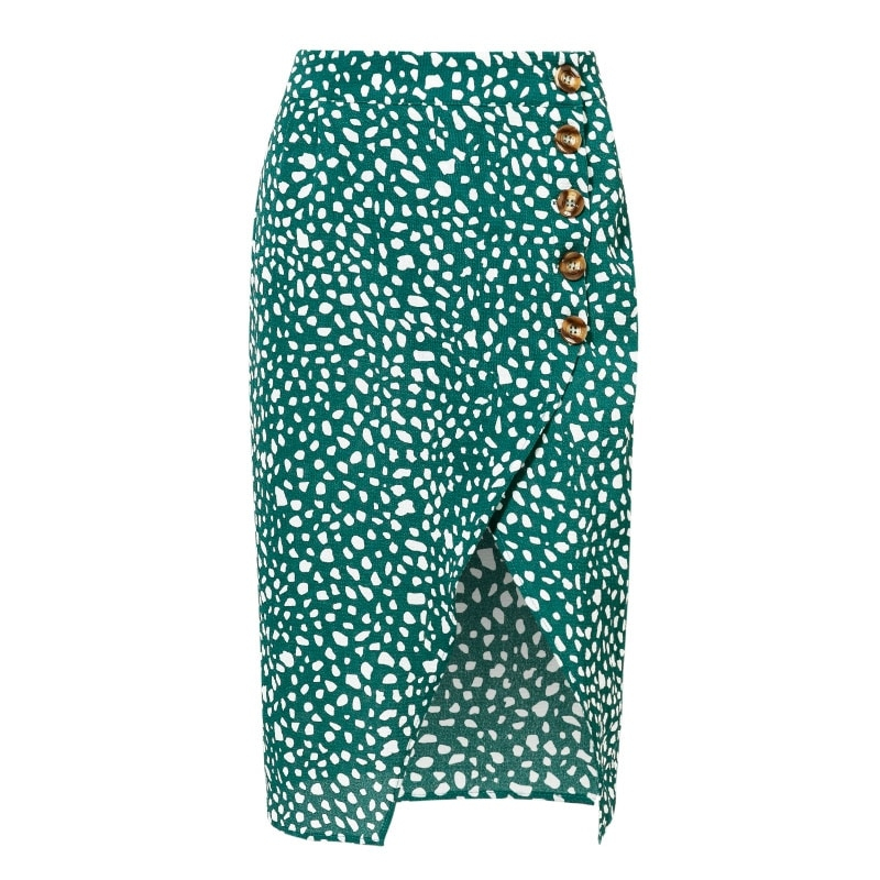 Conmoto High Waist Split Midi Skirts Women Button Green Leopard Dot Print Casual Chic Summer Skirt Sexy High Fashion Boho Skirt
