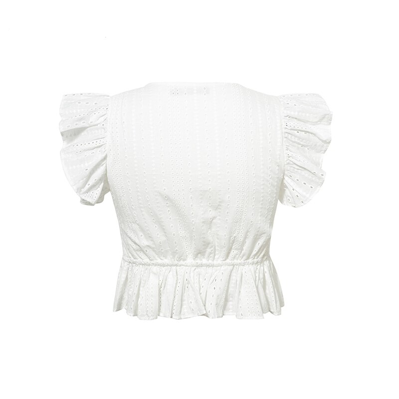 FREE SHIPPING Elegant White Embroidery Crop Top Blouse Shirts Ruffles Feminino Casual Sexy Summer Blouse Deep V Neck  Blusa Mujer JKP25