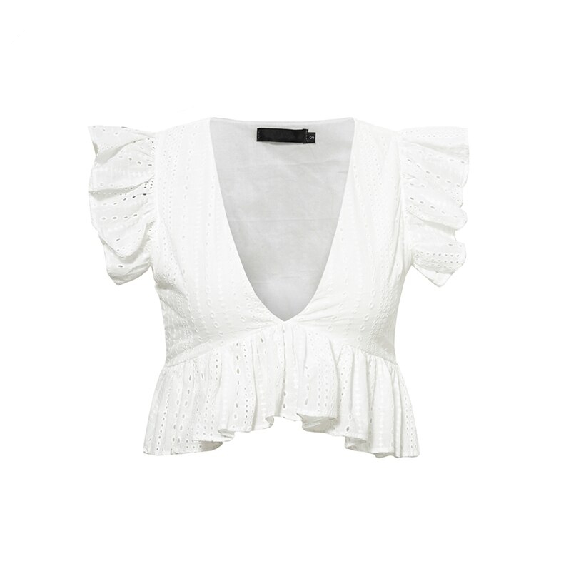 FREE SHIPPING Elegant White Embroidery Crop Top Blouse Shirts Ruffles Feminino Casual Sexy Summer Blouse Deep V Neck  Blusa Mujer JKP25
