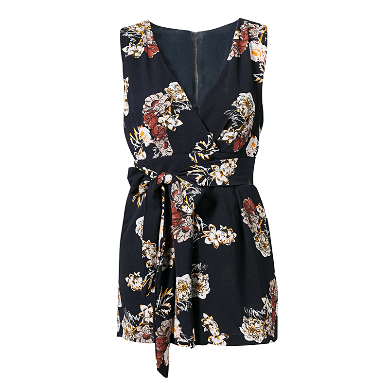Lily Rosie Girl Sexy V Neck Sleeveless Women Playsuits Casual Boho Floral Print Zipper Sashes Rompers Femme Jumpsuit Overalls