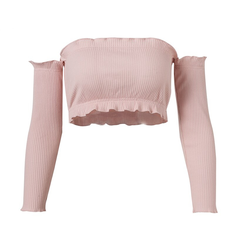 Lily Rosie Girl Pink Sexy Off Shoulder Ruffles Knitted Blouse 3/4 Sleeve Shirts Crop Tops Autumn Winter 2019 Women Ladies Blusas