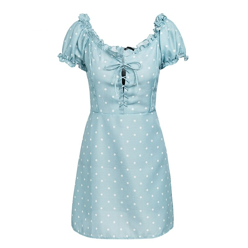 Lily Rosie Girl Lace Up Beach Short Party Dress Polka Dot Casual Women Dress High Street Puff Sleeve Sexy Dress Vestidos