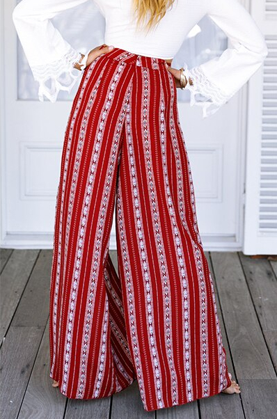 Boho Print Striped Women Wide Leg Pants 2019 Summer Sexy Split Long Pant High Waist Casual Beach Female Trousers