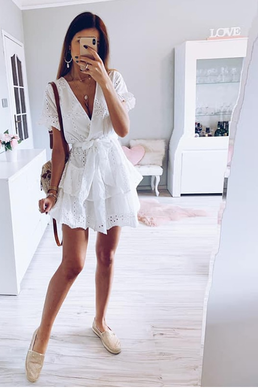 DICLOUD White Embroidery Cotton Dresses Summer Women Short Sleeve Casual Beach Sundress Sexy V Neck Hollow Out Mini Dress