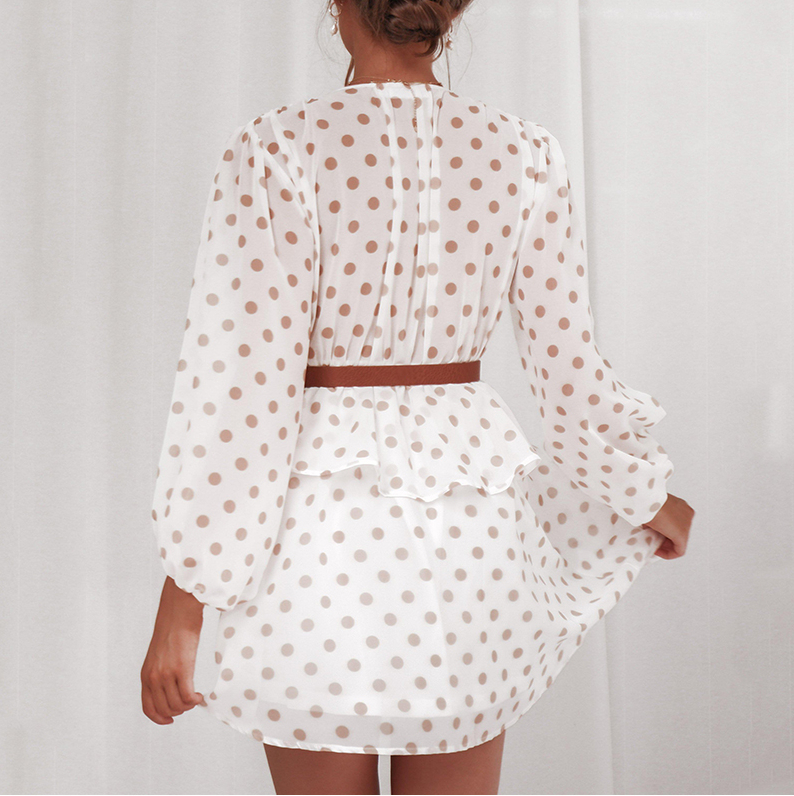 DICLOUD Elegant Polka Dot See Through Chiffon Vintage Dresses Women Summer Autumn Long Sleeve Beige Beach Party Sundress