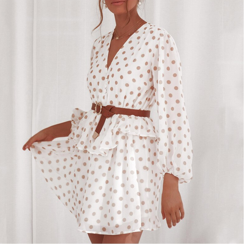 DICLOUD Elegant Polka Dot See Through Chiffon Vintage Dresses Women Summer Autumn Long Sleeve Beige Beach Party Sundress