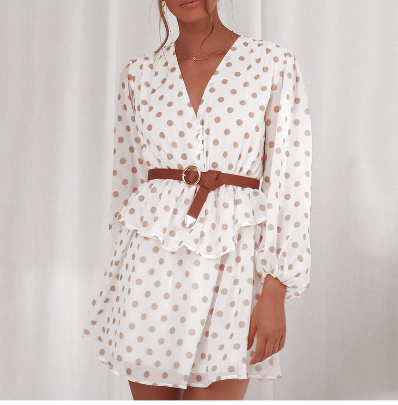 DICLOUD Elegant Polka Dot See Through Chiffon Vintage Dresses Women Summer Autumn Long Sleeve Beige Beach Party Sundress