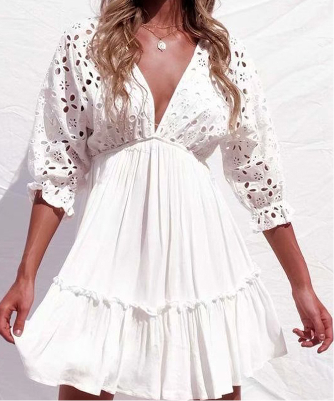 FREE SHIPPING sexy v neck hollow out white beach sundress women summer batwing sleeve lace mini dresses party vestidos fashion JKP2629