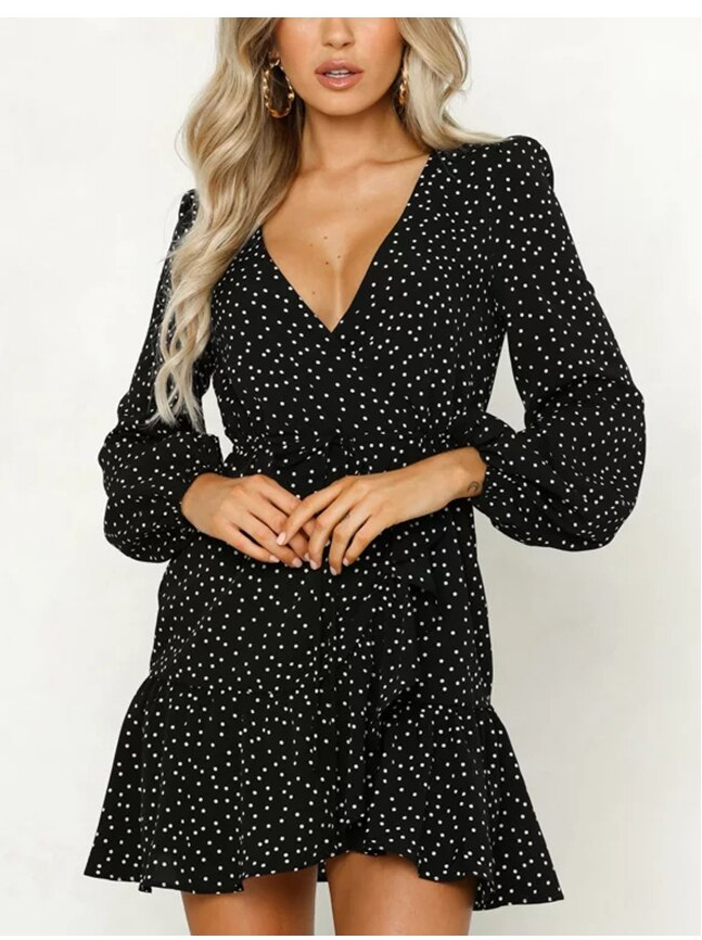 Dicloud v neck sexy polka dot black mini dress vintage autumn winter women long sleeve wrap dress elegant party dresses ladies