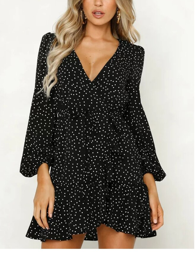 Dicloud v neck sexy polka dot black mini dress vintage autumn winter women long sleeve wrap dress elegant party dresses ladies