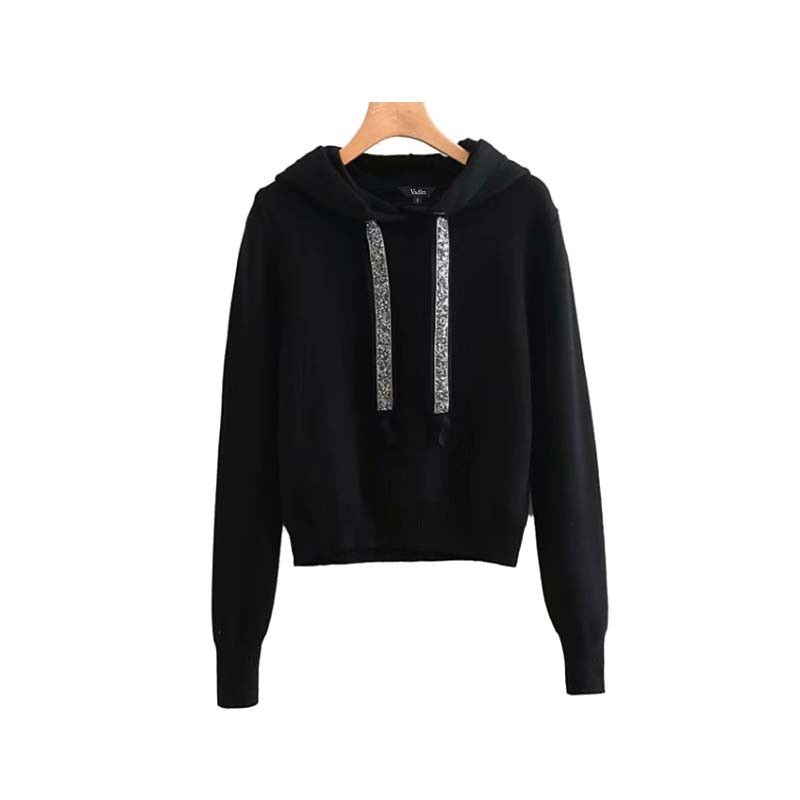 FREE SHIPPING women faux diamonds beading hooded knitted sweater long ...