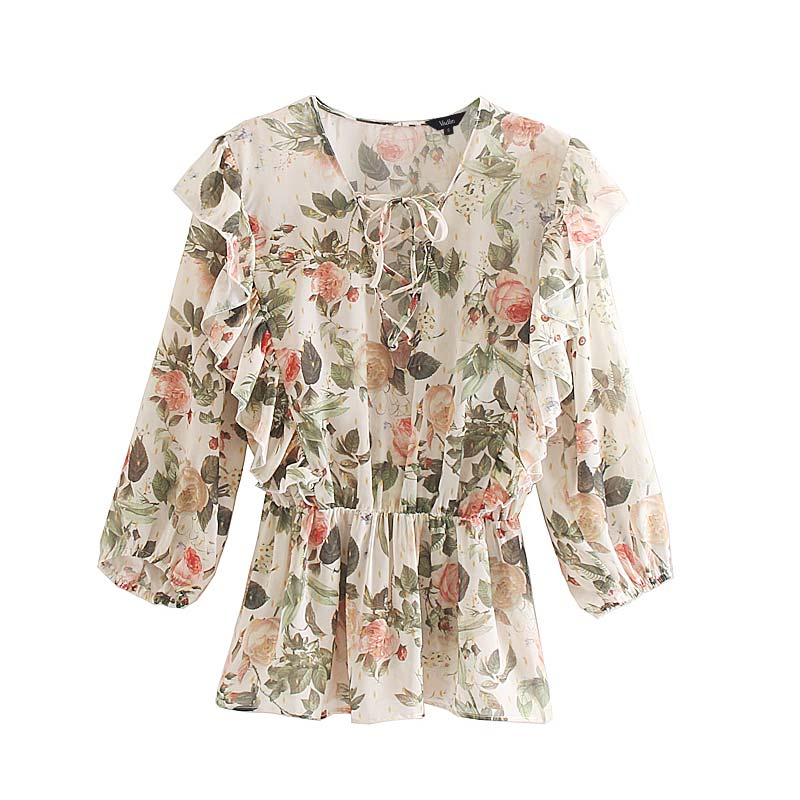 Vadim women chiffon floral print V neck blouse ruffles elastic waist nine quarter sleeve shirt elegant chic top blusas LB391