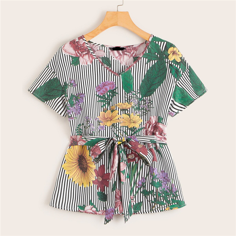 SHEIN Multicolor Floral and Striped Belted Top 2019 Short Sleeve V Neck Summer Blouse Women Workwear Casual Tops and Blouses