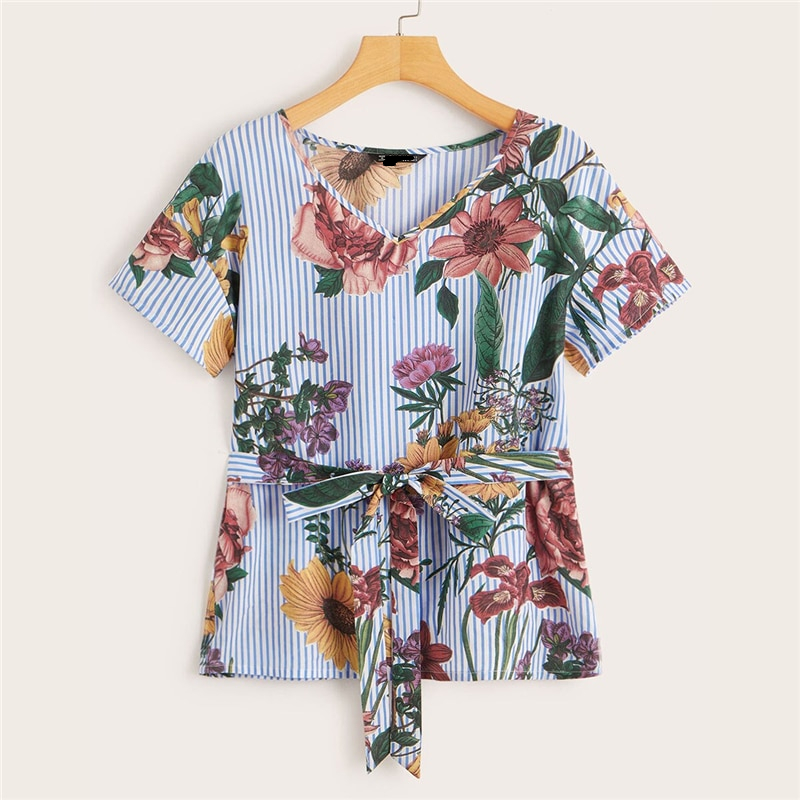 SHEIN Multicolor Floral and Striped Belted Top 2019 Short Sleeve V Neck Summer Blouse Women Workwear Casual Tops and Blouses