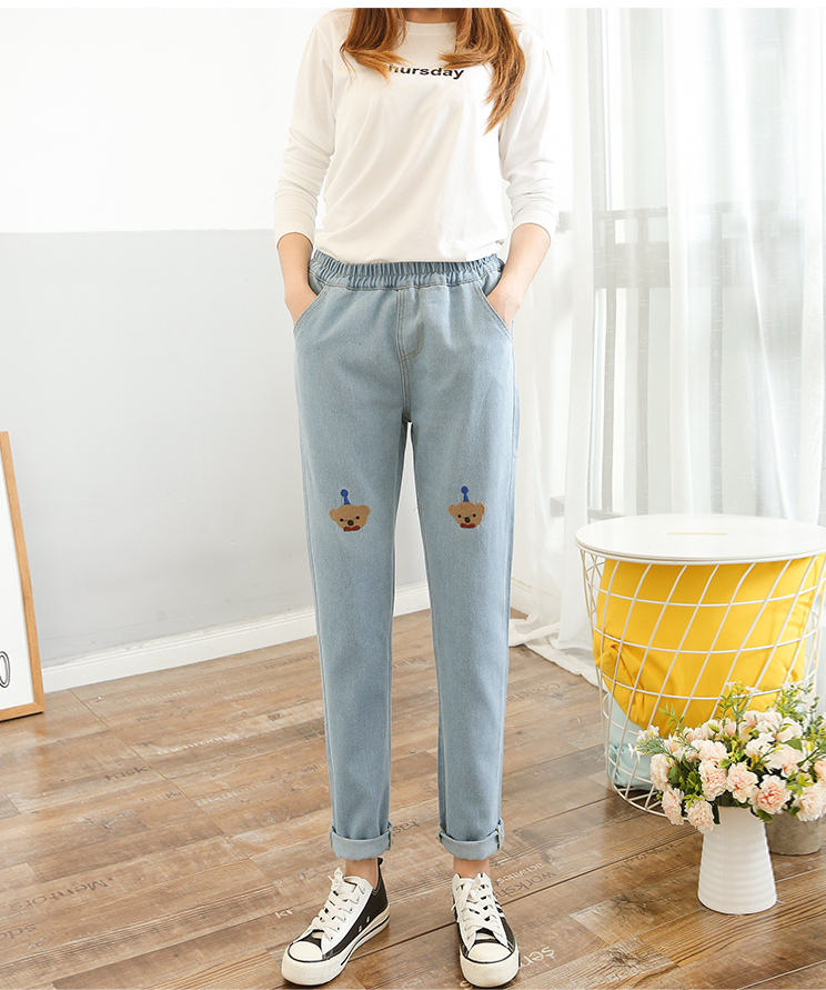 WITHZZ Autumn Women High Waisted Casual Trousers Streetwear Denim Slim Trousers Elastic Waist Pants Cartoon Embroidery Jeans
