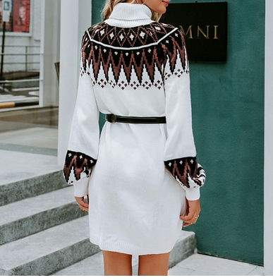 BeAvant Geometric print women knitted dress Casual turtle neck pullover female sweater dress Autumn winter retro white vestidos