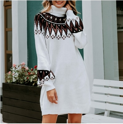 BeAvant Geometric print women knitted dress Casual turtle neck pullover female sweater dress Autumn winter retro white vestidos