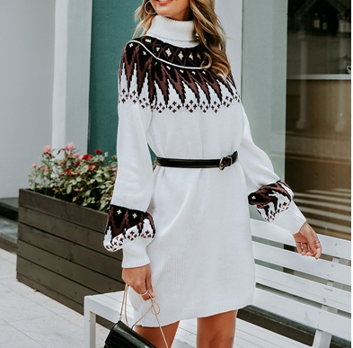 BeAvant Geometric print women knitted dress Casual turtle neck pullover female sweater dress Autumn winter retro white vestidos