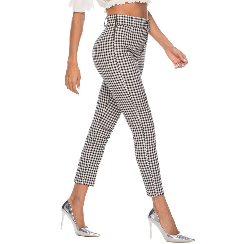 Benuynffy Vintage Button High Waist Plaid Pants Summer Office Lady Workwear Trousers Women Elegant Side Zipper Pencil Pants Benuynffy Vintage Button High Waist Plaid Pants Summer Office Lady Workwear Trousers Women Elegant Side Zipper Pencil Pants