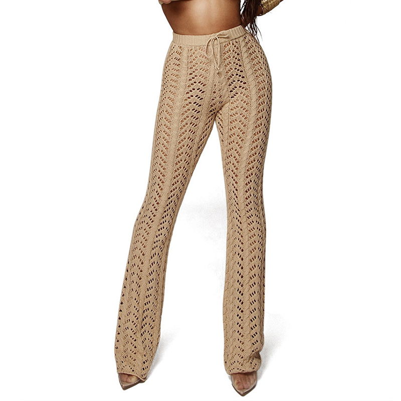 Stigende Women Summer Beach Knitted Hollow Out Pants See Through Mesh Crochet Flare Pant Sexy Bodycon Party Trousers Clubwear