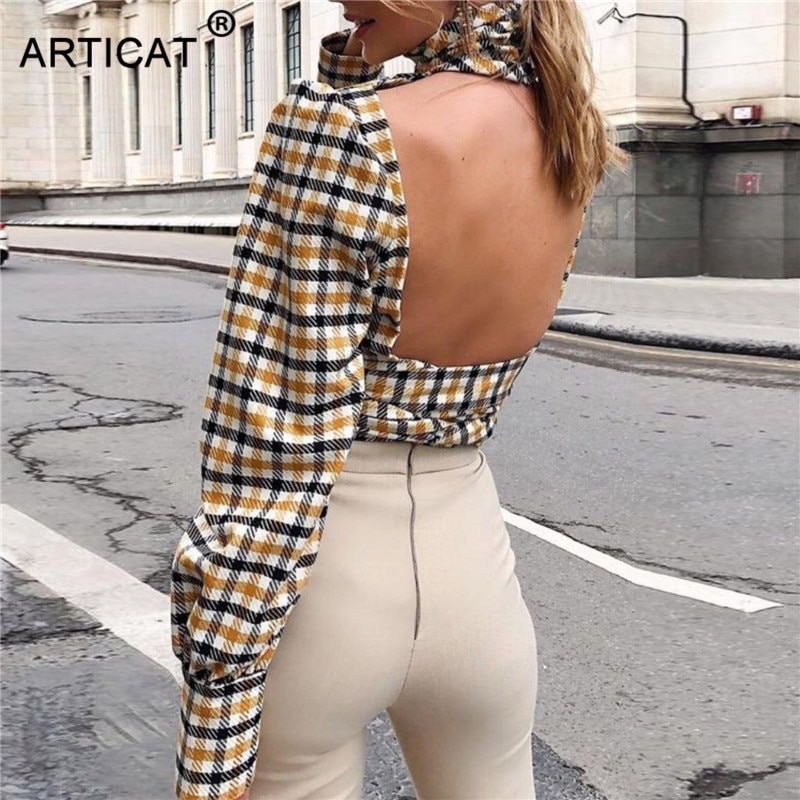FREE SHIPPING Sexy Backless Plaid Shirts JKP4458